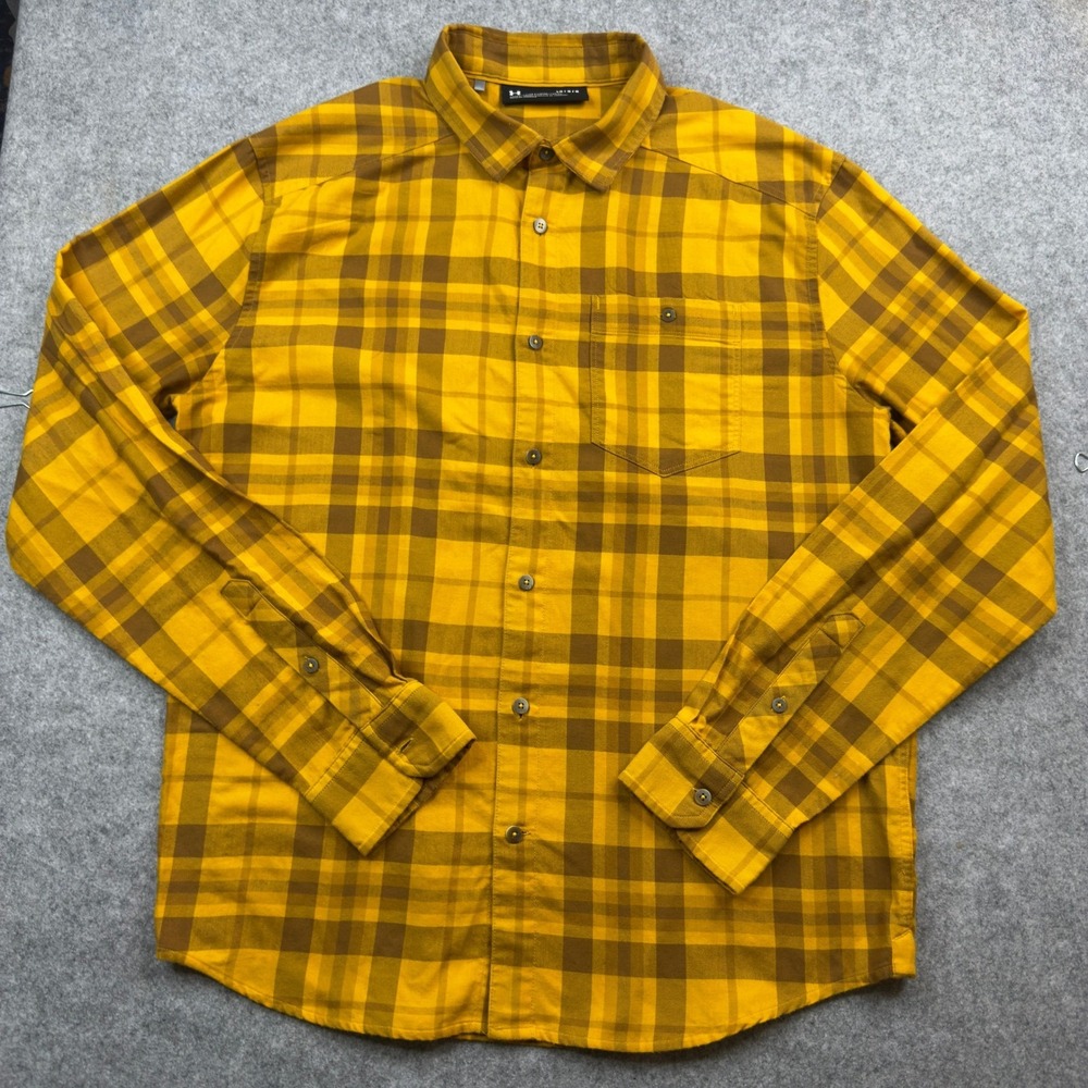 Under Armour Mens Yellow Brown Plaid Flannel Button Down Shirt 1345989 Large